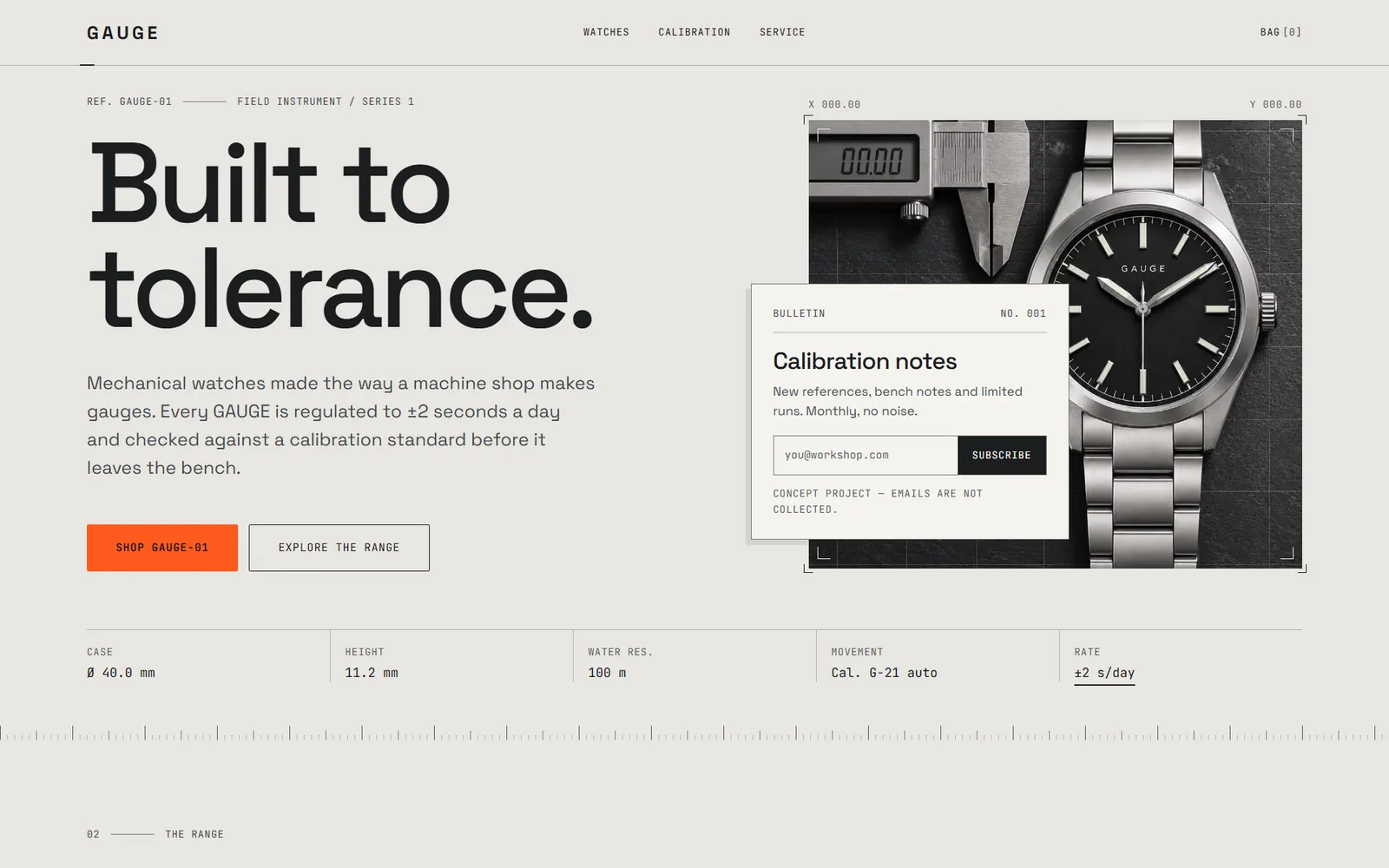 GAUGE concept watch brand homepage, a portfolio project by Ecom Elevate